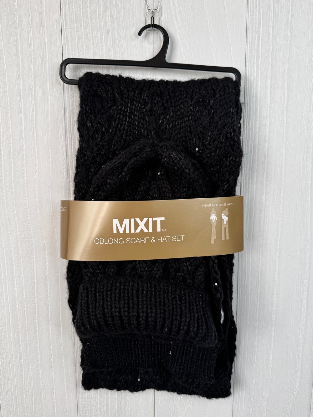 Mixit Black Knit Oblong Scarf & Hat Set Sequins NWT